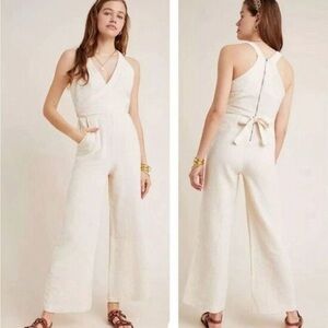 Anthropologie Demi Cream Textured Wide Leg Jumpsuit size 10